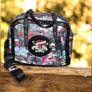Ed Hardy Bowler Bag With Floral Skull Design, NWT